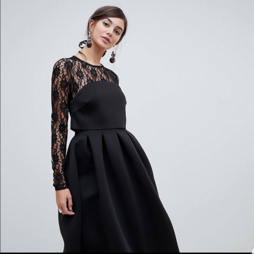 ASOS Tall Lace Long Sleeve Black Scuba Prom Dress